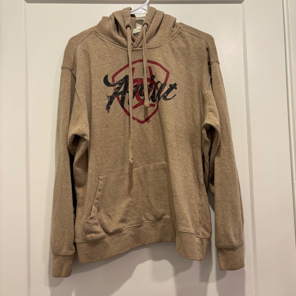 Ariat REAL Womens Tan Heather Graphic Logo Pullover Hoodie Size Large L